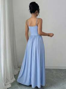 Elenzga 女士优雅浪漫婚礼宾客/伴娘雪纺吊带束腰飘逸连衣裙 - 霧霾藍 - 查看 2