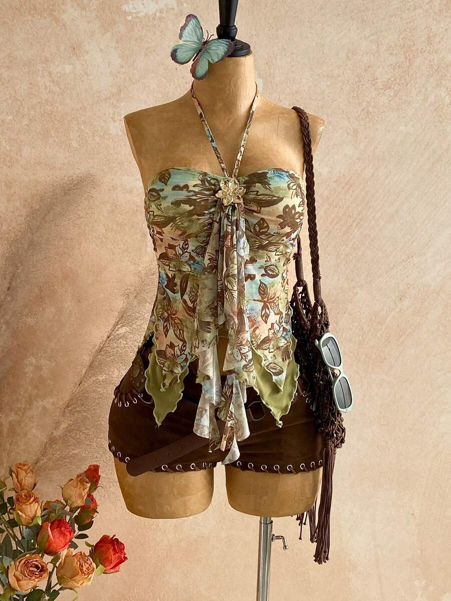 Soleia Camizolă asimetrică pentru femei cu tiv decorativ cu scoici, potrivită pentru vacanță la plajă, vară, sărbători, Paște, festivaluri de muzică, stil boho - Multicolor - Vizualizare 1