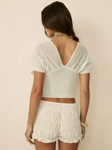 Aralina 女士针织薄纱柔软弹力面料，轻盈透气，深V领蝙蝠袖短袖，罗纹收腰设计，适合春季、夏季穿着，休闲外出上衣，女士早午餐穿搭，性感针织衫，可爱日常针织上衣 - 藏蓝色 - 查看 2