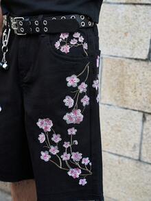 Manfinity EMRG Men's Floral Embroidery Pattern Casual Versatile Daily Wear Wide Leg Denim Shorts - Black - View 6