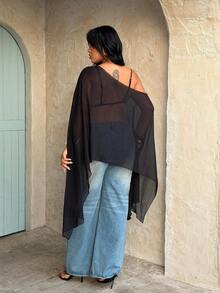 Rustia Áo kiểu nữ cỡ lớn thời trang và thanh lịch màu đen bằng vải chiffon hơi xuyên thấu, vạt áo bất đối xứng, vai bất đối xứng, áo một vai mùa xuân/hè, áo hở vai cỡ lớn, trang phục đi nghỉ mát cho người có thân hình đầy đặn, áo bất đối xứng, áo xuyên thấu cỡ lớn, áo đen xuyên thấu cỡ lớn, áo một vai, áo choàng xuyên thấu cỡ lớn, áo poncho xuyên thấu, bộ đồ denim cho nữ, trang phục 2 mảnh cho nữ có thân hình đầy đặn, quần jeans nữ cỡ lớn, áo poncho xuyên thấu, áo choàng xuyên thấu, trang phục mùa hè cho nữ cỡ lớn. - màu đen - Xem 2