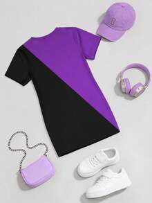 春夏少女休闲时尚创意个性清新简约酷炫虚拟女团角色紫色黑色印花字母标语休闲基础款短袖T恤裙，舒适百搭；温暖的夏秋款式，适合女孩，提升氛围的服装套装 - 彩色 - 查看 2