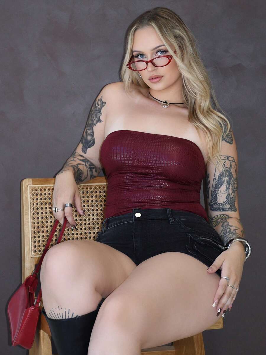 Arliah 1 件紫红色鳄鱼印花涂层 PU 弹性腰部褶饰露背吊带背心，性感休闲高街派对俱乐部女装，适合秋冬、圣诞节、新年 - 酒紅色 - 查看 1