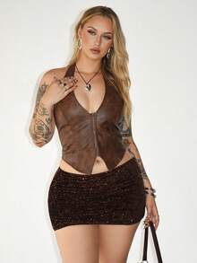 Arliah 针织休闲女式摩卡棕色亮片缀饰A字裙 - 棕色 - 查看 1