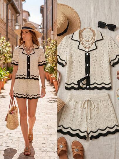 Balvessa New European & American Fashion Mixed Color Chic Versatile Knitted Top & Shorts Set