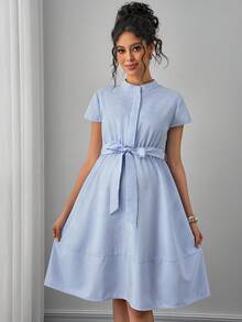 Momance Maternity Striped Cap Sleeve Single-Breasted Casual Dress - Blue and White - View 3