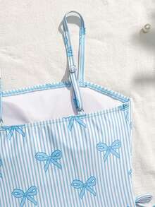 SHEIN Tween Girl 2 Pieces Tankini Set,Blue White Striped Bow Decor Camisole Swimwear,Cute Summer Holiday Beach Bathing Suits For Pool Party,Spring Summer - Baby Blue - View 5