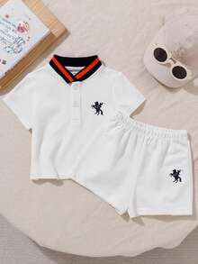 SHEIN 2pcs/Set Young Boys Casual Classic Embroidered Pattern Polo Shirt With Collar And Sports Shorts - White - View 4