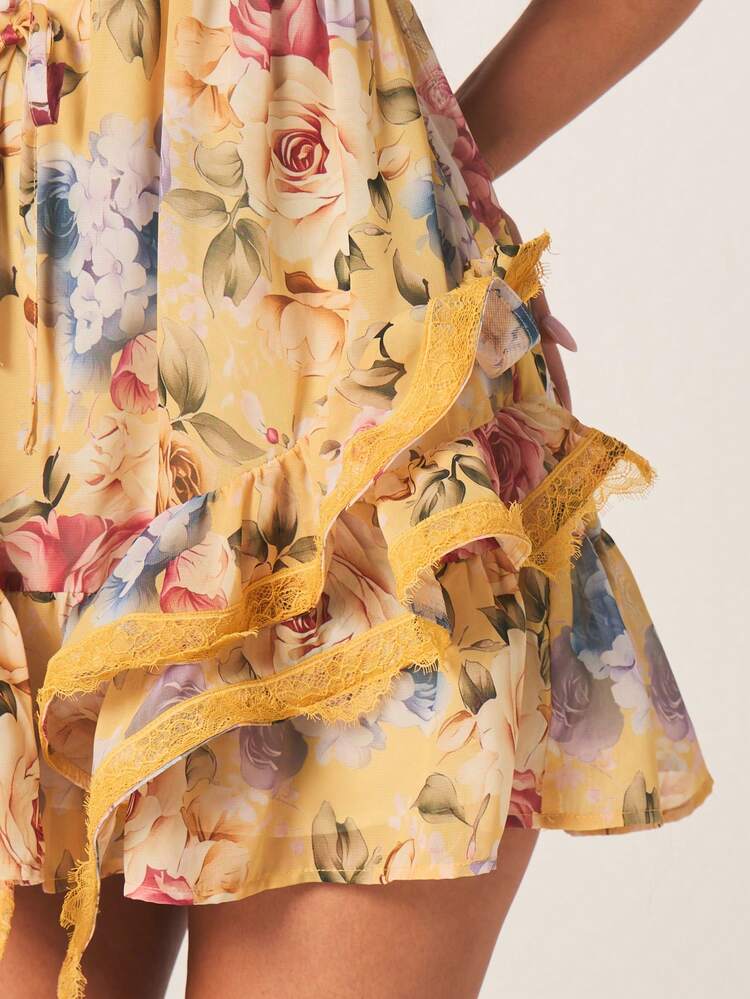 MISSGUIDED Floral Tie Strap Mini Dress With Lace Trim Yellow Botanical Print Summer Sundress Sleeveless V-Neck Ruffle Hem Feminine Day Dress