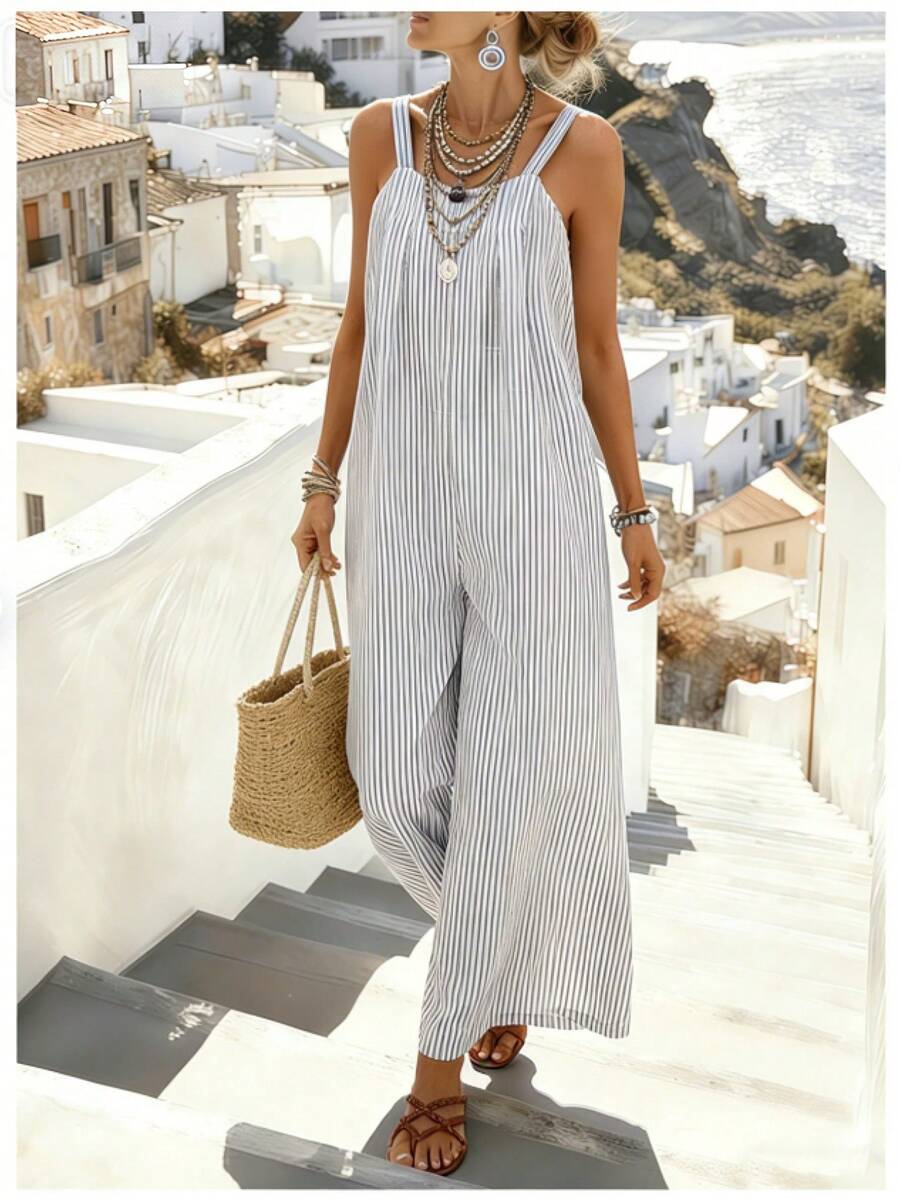 Breezaya Women's Striped Casual Jumpsuit, Suitable For Vacation And Daily Wear - Multicolor - View 1
