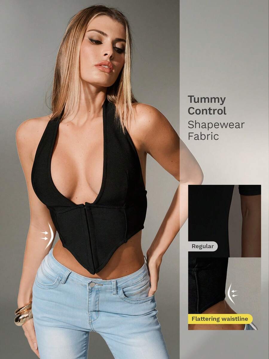 Casual Sexy Black Metallic Bandage Halter Backless Tank Top For Women - Black - View 1