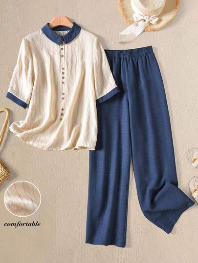 Rusticease 2pcs Graphic Women Casual Comfortable Hemp Blend Short Sleeve Set, Summer Outfits For Women Spring Clothing  Elegant Women's Set  Casual Sets For Women Holiday Outfits For Women  Striped Top And Dark Blue Pants Set  Shirt Sets For Women  Summer Shirt And Trousers Set