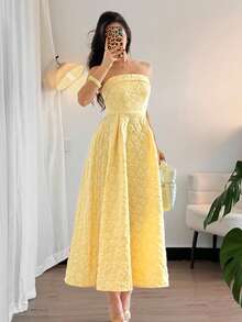 Firerie Vestido midi de talle alto y línea A, con textura, elegante y romántico para mujer, sin tirantes, color amarillo, adecuado para citas, vacaciones y fiestas - Amarillo - Ver 4