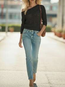 EMERY ROSE New Arrival Women's Casual Hollow-Out Pattern Crew Neck Raglan Sleeve Ribbed Hem Pullover Sweater, Suitable For Summer Everyday Black - Black - View 6