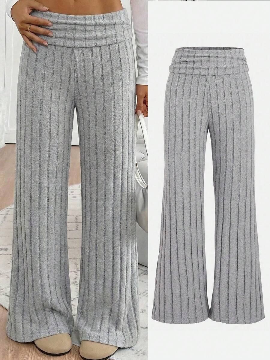 SHEIN 少女休闲撞色翻边腰阔腿运动裤，春夏返校季 - 灰色 - 查看 1