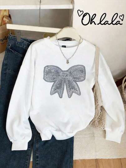 Sudadera informal holgada de color liso, con cuello redondo, manga larga, moño en color plata, estilo urbano y casual, Hecho en Mexico