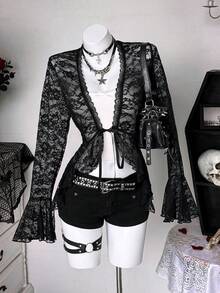 Sunspun 大码女士性感蕾丝边V领系带喇叭袖衬衫，春夏款 - 黑色 - 查看 4