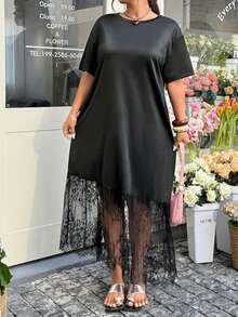 GalTyme 大码纯色蕾丝拼接圆领休闲短袖连衣裙 - 黑色 - 查看 3