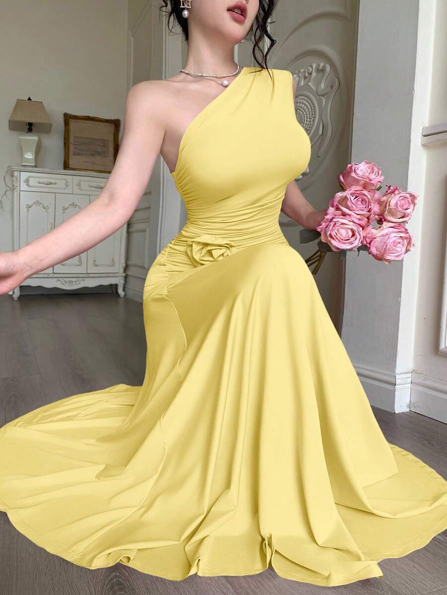 Modelyn Solid Color Sleeveless Ruched Fitted Dress For Women - Yellow - View 1