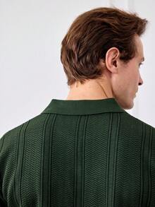 Officeau 男士休闲针织Polo衫，透气绿色针织衫，常规版型，短袖，经典Polo领 - 橄欖綠 - 查看 3