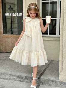 SHEIN Tween Girl Elegant Solid Apricot Organza Bow Decor Halter Neck Ruffle Hem A-Line Dress Elegant Solid Color Dress Cream Dress For Girls Ivory Dress For Girls Girls Bow Dress Girls Ruffle Trim Dress Picnic Dress Aesthetic Dresses For Summer Girls Ruffle Dress Girls Cream Girls Dress Ivory Dress Girls Beige Dresses For Girls Cream Dresses For Kids Ivory Or Champagne Dress For Tween Long Beige Dress Kids Girls Elegant Dress Soft Yellow Elegant Off-White Dress For Tweens - Apricot - View 4