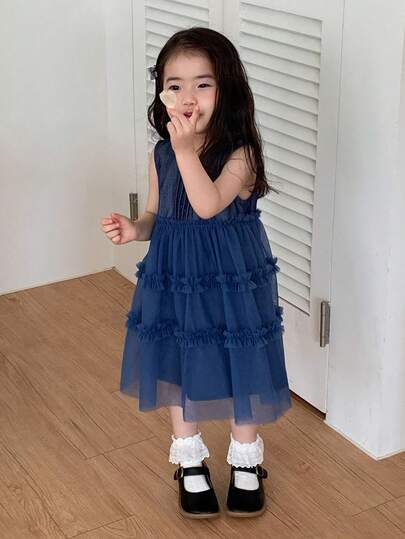 DAZY 女童圆领波点韩版荷叶边网纱拼接无袖牛仔连衣裙