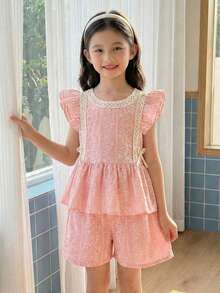 2pcs/Set Young Girl' Sweet Faux Embroidered Ruffle Sleeve Top And Shorts Princess Outfit, Spring/Summer - Pink - View 7