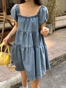 DAZY 女士方领休闲韩版牛仔连衣裙，春夏度假 - 藍色 - 查看 5