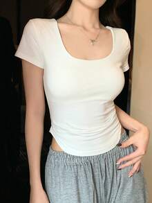 DAZY 女士休闲圆领修身纯色T恤 夏季 - 白色 - 查看 3