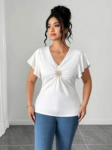 Elenzga Plus Size White Summer Elegant Formal Women's Blouses,European Style V-Neck Button Decorated Pleated Short Ruffle Sleeve Slim Fit Peplum Party Tops - White - View 3
