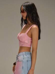 Athîral Women's Casual Vacation Spaghetti Strap Sleeveless Off Shoulder Striped Woven Vest, Spring And Summer, Bust Top, Summer Crop Top, Pink Crop Top, Striped Top, Pink Top, Daily Wear, Date Party Wear - Pink - View 6