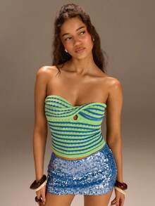 Athîral 女士度假沙滩条纹扭结抹胸针织上衣 - 彩色 - 查看 3