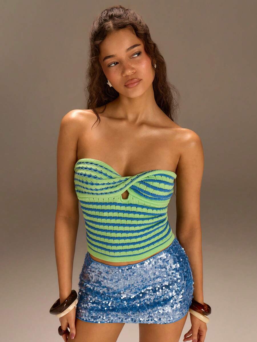 Athîral 女士度假沙滩条纹扭结抹胸针织上衣 - 彩色 - 查看 1