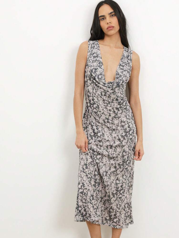 KSTM Sleeveless Cowl Neck Abstract Printed Midi Dress With Elegant Draping For Spring Summer Occasions
