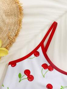 SHEIN 休闲樱桃印花镂空花朵设计少女吊带比基尼上衣，适合海滩、游泳池、派对等场合。樱桃比基尼，樱桃泳衣，樱桃印花泳装，少女樱桃泳衣，少女泳装，少女樱桃比基尼，高腰比基尼，适合少女 - 彩色 - 查看 8