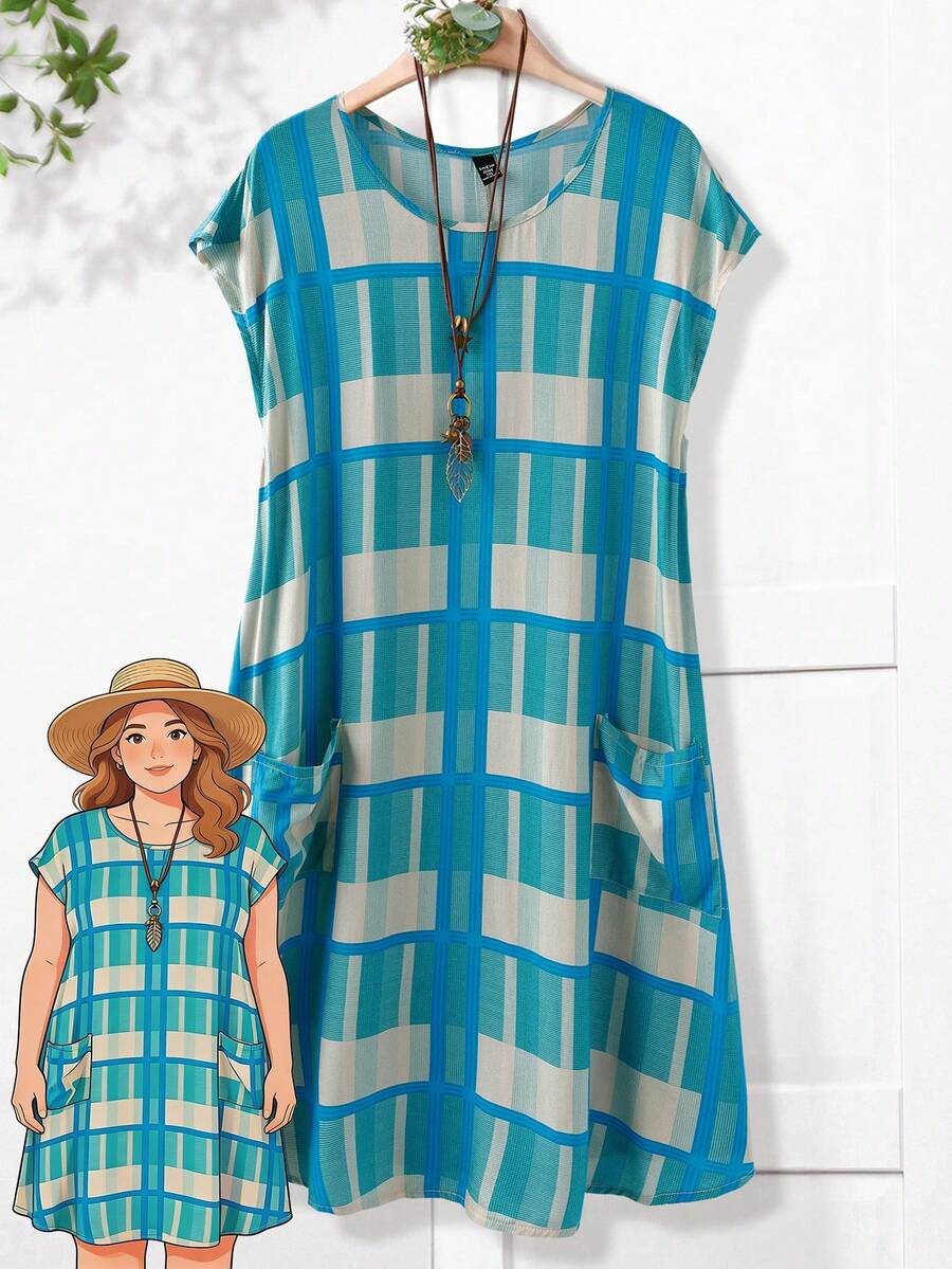 EMERY ROSE 大码女式格子圆领口袋设计宽松休闲连衣裙 - 彩色 - 查看 1