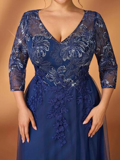 Serin Plus Size Elegant Luxurious Romantic Navy Blue Sequin Embroidered Mesh Splice Deep V-Neck 3/4 Sleeve Peplum Dress, Suitable For Evening Party, Gala, Vacation, Wedding, Bride Mother And Guest Dress