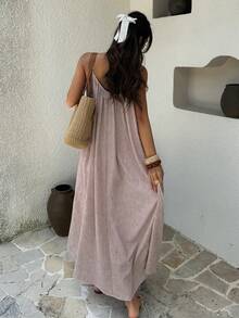 Livesso Pink Elegant Party Holiday Loose Fit Sleeveless Midi Dress For Women - Pink - View 2