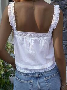 DAZY 女士休闲纯色蕾丝边吊带背心，夏季露脐上衣 - 白色 - 查看 2