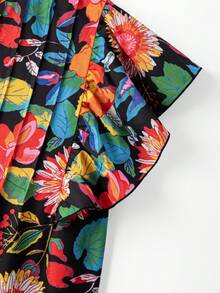 Linhara Colorful Floral Print V-Neck Ruffle Sleeve Blouse - Multicolor - View 6