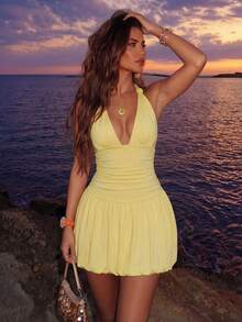 SHEIN Allurite Elegant Vacation Spaghetti Strap Tie Neck Sexy Deep V-Neck Backless Ruched Waist A-Line Mini Dress, Suitable For Vacation, Casual, Date, Party Sun Dress Yellow Sundress Yellow Beach Dress Yellow Vacation Dress Yellow Sexy Dress Yellow Sundress Women Yellow Halter Dress Sexy Vacation Dress Sexy Yellow Dress - Yellow - View 5