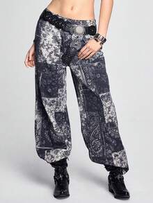 ROMWE Hippie 女士复古做旧佩斯利拼布印花直筒牛仔裤 - 黑色 - 查看 6