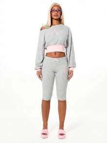 Women Capri Leggings With Baby Pink Back Text Print Mid Length Casual Ribbed Comfort Pants - Light Grey - View 3