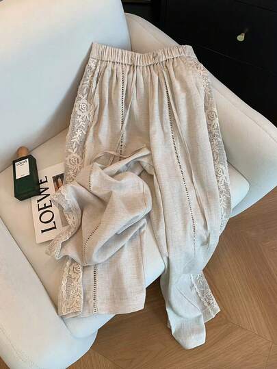 GlowEve CURVE 大码女式休闲宽松蕾丝边系带裤，杏色，春夏款