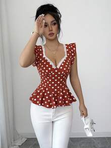 Elenzga Women's Elegant Polka Dot Print Ruffle Hem Waist Shirt, Summer - Orange - View 4