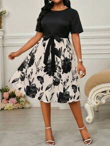 SHEIN Lady Đầm midi tay ngắn dáng xòe cổ tròn, thắt lưng, tay ngắn, màu sắc rực rỡ, phong cách boho, thanh lịch, thích hợp cho công sở và đi làm, cỡ lớn. Trang phục mùa hè cho nữ, đầm hè cho nữ, trang phục công sở cho nữ, đầm đi nghỉ mát, quần áo mùa hè cho nữ. - Nhiều màu - Xem 3
