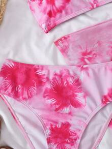 SHEIN 少女夏季柔软印花三件套泳衣，适合海滩、度假村、夏威夷度假、休闲、时尚、百搭、派对、户外、姐妹合照、公园、露营、假日、日常休闲等场合。 - 粉色 - 查看 5