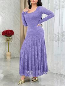 Modelyn Elegant Square Neck Lace Cinched Waist Fishtail Cocktail Dress - Purple - View 5