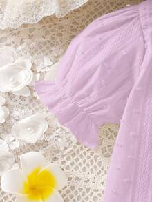 SHEIN Vintaside Kids 2026新款女婴夏季柔软舒适面料，时尚新款，度假旅行必备，女婴白色休闲纹理短袖衬衫，适合外出、休闲和聚会。 - 粉色 - 查看 8