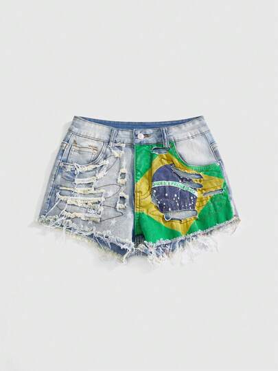 ROMWE Avant Vintage Millennium Brazilian Carnival Music Festival Sexy Babe Print Super Low-Waist Mini Denim Shorts